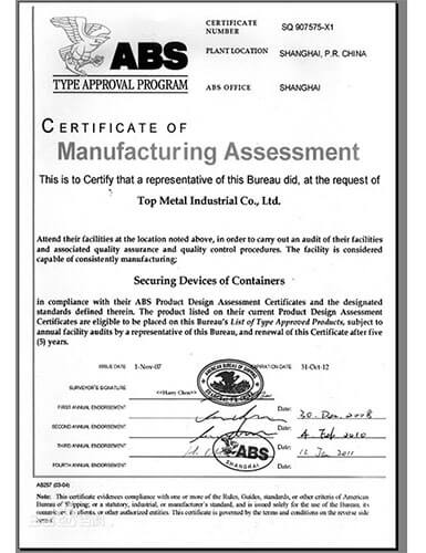ABS CERTIFICATE OF MANUFACTURING ASSESSMENT